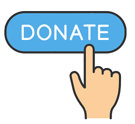 Donate button showing a finger pressing on the word, donate, in a blue oval